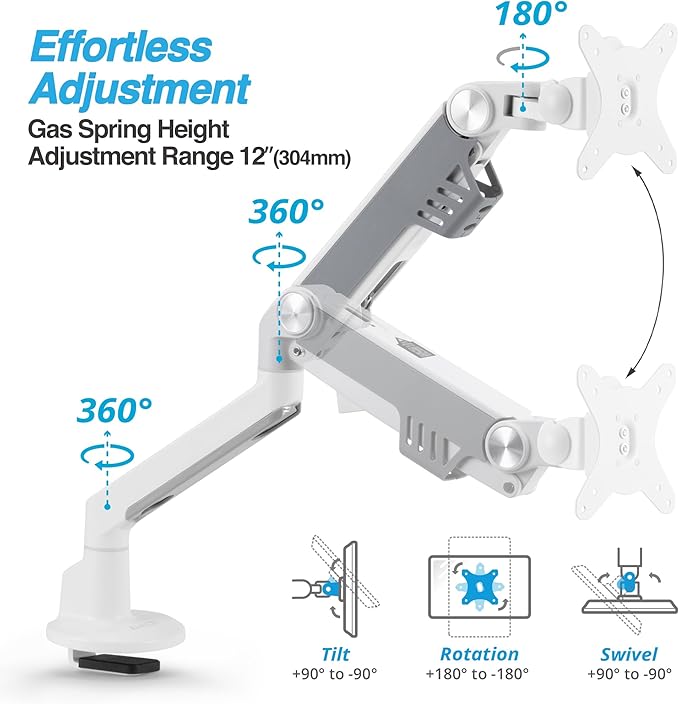AVLT Single 13"-38" Monitor Arm Desk Mount fits One Flat/Curved/Ultrawide Screen Full Motion Height Swivel Tilt Rotation Adjustable Arm - VESA/C-Clamp/Cable Management - White