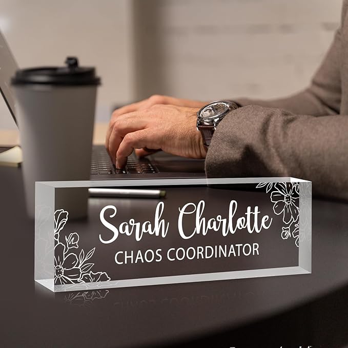 Custom Name Plate for Desk, Personalized Desk Name Plate on Clear Acrylic Glass, Appreciation Gifts for Teacher Employee Boss Coworkers Nurse, Office Desk Accessories for Women Men (Engraved Bloom)