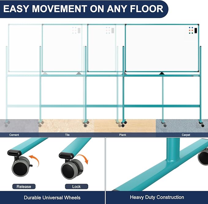Large Dry-Erase Rolling Magnetic Whiteboard - 48 x 32 Inches Dry Erase Board with Stand Height Adjust Double Sides Mobile White Board Easel on Wheels with 25 Sheets Paper Pad Office, Home & Classroom