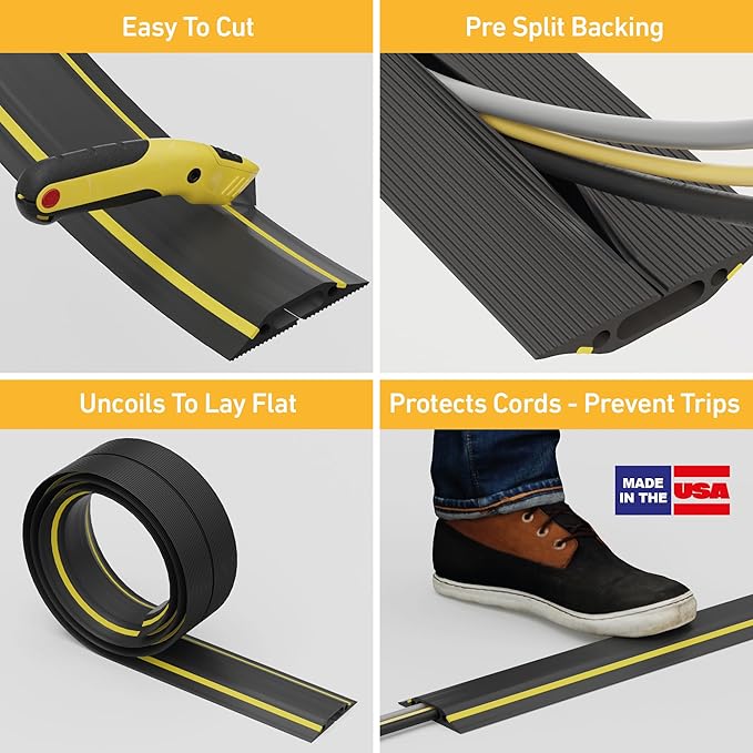 D-Line 6ft Floor Cord Cover, Made in USA Linkable Cable Protector, Hide Extension Cords, Protect Cords, Prevent Cable Trips, Cord Hider, Heavy Duty - Cord Cavity = 1.18" (W) x 0.39" (H), Black/Yellow
