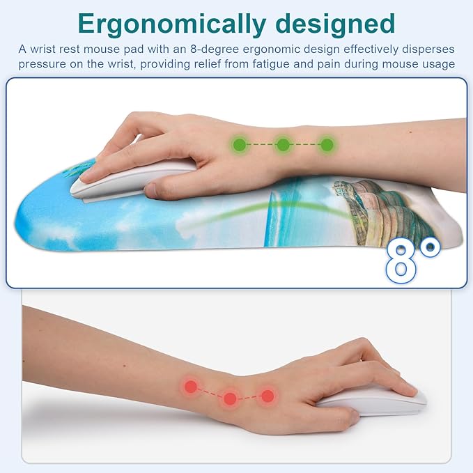 Ergonomic Wrist Mouse Pad with Massage Design, Wrist Rest Pain Relief Mousepad with Memory Foam Non-Slip PU Base, Mouse Pad with Wrist Support for Wireless Mouse & Desk, Y Summer Beach