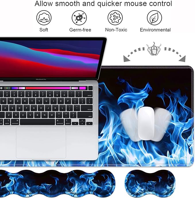 Ergonomic Keyboard Wrist Rest and Mouse Pad Wrist Rest Set, Large XXL Gaming Mousepad 31.5"x 11.8", Memory Foam, Easy Typing Pain Relief, Multifunctional Desk Mat for Office & Home, Blue Flame