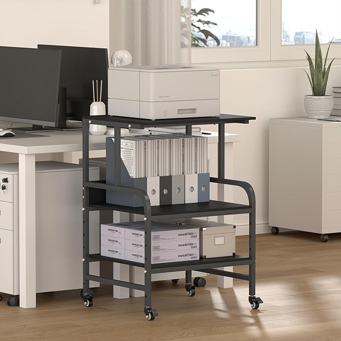 Black Printer Stand, Large Printer Table with Wheels, 32.48 X 22.05 X 18.9 Home Office Rolling Stand with Adjustable Shelf, Heavy Duty Printer Cart for Scanner, Fax, Black Ebony