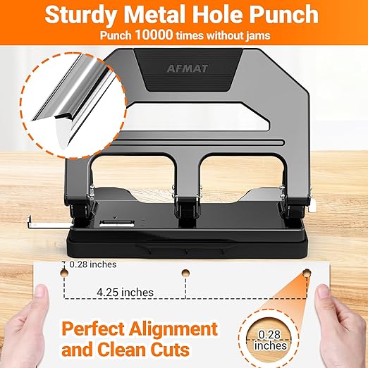AFMAT Heavy Duty 3 Hole Puncher, 40-Sheet Paper Punch Heavy Duty, 50% Reduced Effort Three Hole Punch, 10K+ Uses, Metal Hole Puncher 3 Ring w/Large Tray, Bulit-in S.S. Paper Guide HPX2(Black)