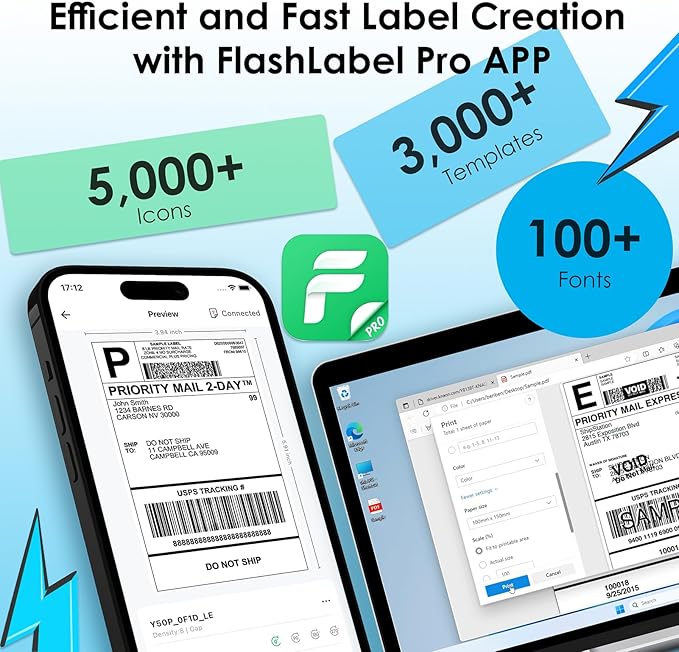 Bluetooth Thermal Shipping Label Printer, 4x6 Portable Thermal Address Label Printer for Small Business, Compatible with iPhone,Android,Windows,Mac–Works with Ebay Shopify USPS&More, White