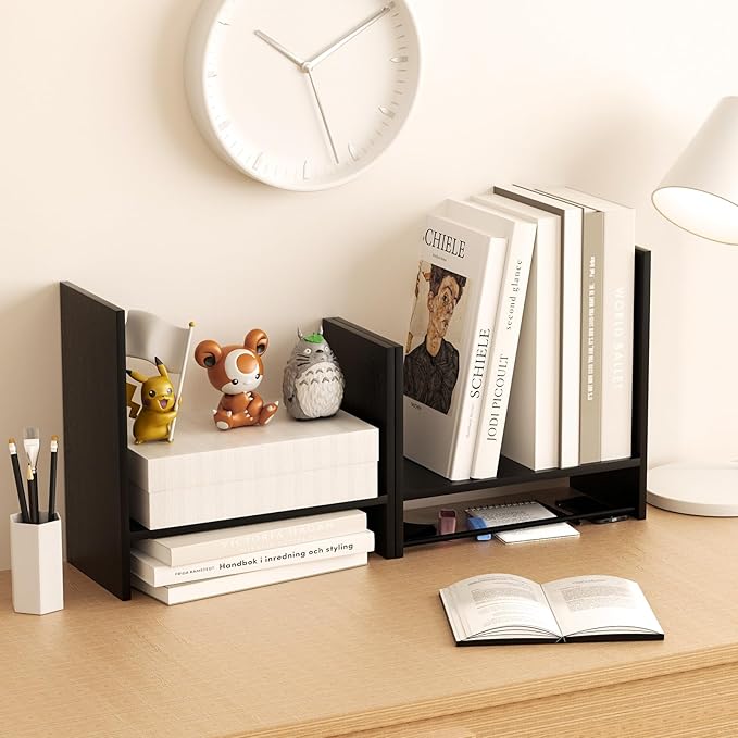 Desktop Organizer Shelf, Adjustable Wooden Double-Tier H-Shape Mini Bookcase, Multi-Use Office Storage Rack for Desk Top/Corner, Table Top Shelving & Office Organization Accessories (Black)