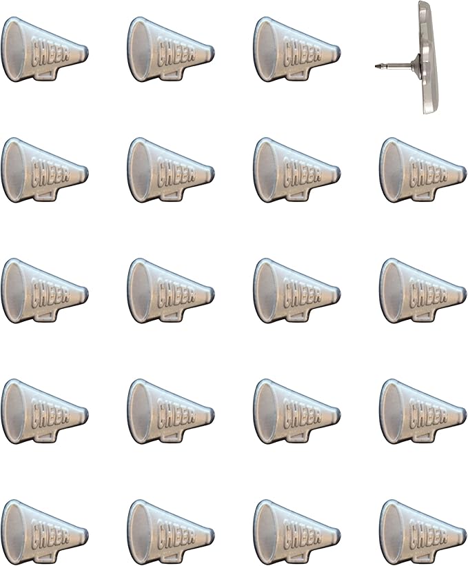 Cheer Megaphone Push Pins - Silver Cheerleading Megaphone Pins for Cork Boards, Maps, or Lapel Use - Designed in USA - Set of 20