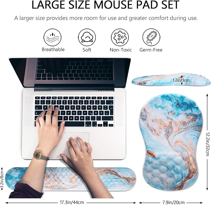 Mouse Pad Wrist Support, Laokiiy 2 in 1 Keyboard Wrist Rest+ Ergonomic Mouse Pad, Non-Slip Wrist Rest for Computer Keyboard, Made Easy Typing & Relieve Wrist Pain(White Gold Beach Marble)