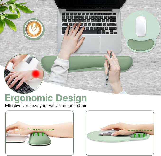 MOSISO Wrist Rest Support for Mouse Pad&Keyboard Set, Streamline Ergonomic Mousepad&Coaster Non-Slip Base Home/Office Pain Relief&Easy Typing Pad with Soft Cloth&Silicone Lining, Antique Green