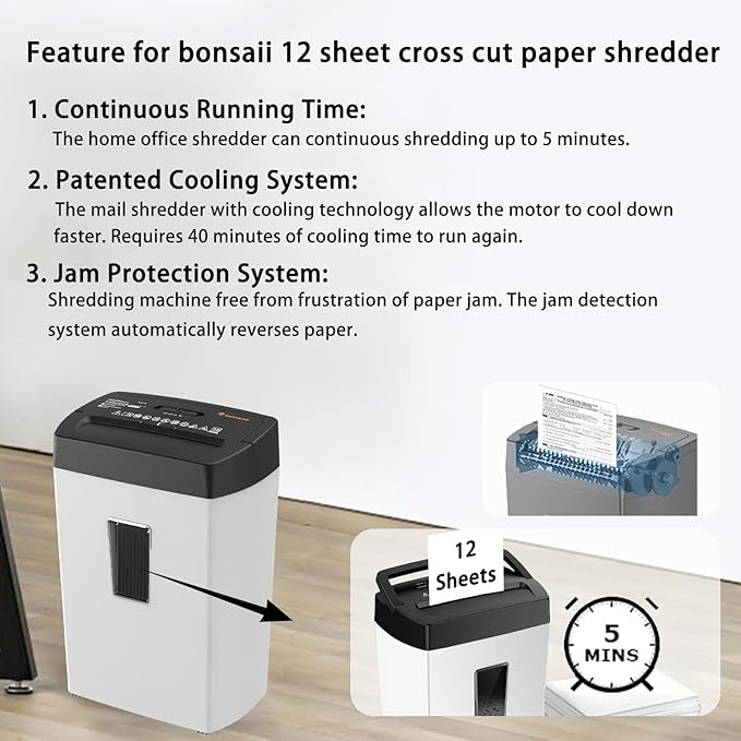Bonsaii 12-Sheet Cross Cut Shredder, P-4 High Security, 5.5 Gal, Heavy Duty for Home Office, Shreds Paper, Credit Card, Mail, Staples, with Transparent Window, White & Black