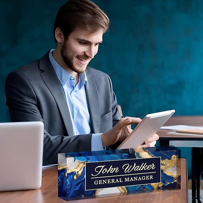 Personalized Name Plate for Desk, Custom Acrylic Desk Name Sign, Office Appreciation Gifts for Women Men Coworkers Boss Teacher Employee (Blue Coast)