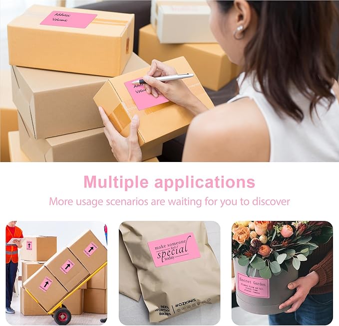 YOULAISHI 3 X 5 Inch Printable Waterproof Rectangle Color Coding Labels, 300 Per Roll Adhesive Color Coding Stickers for Bar-Codes, Address, Small Business Labeling, Inventory, Pink