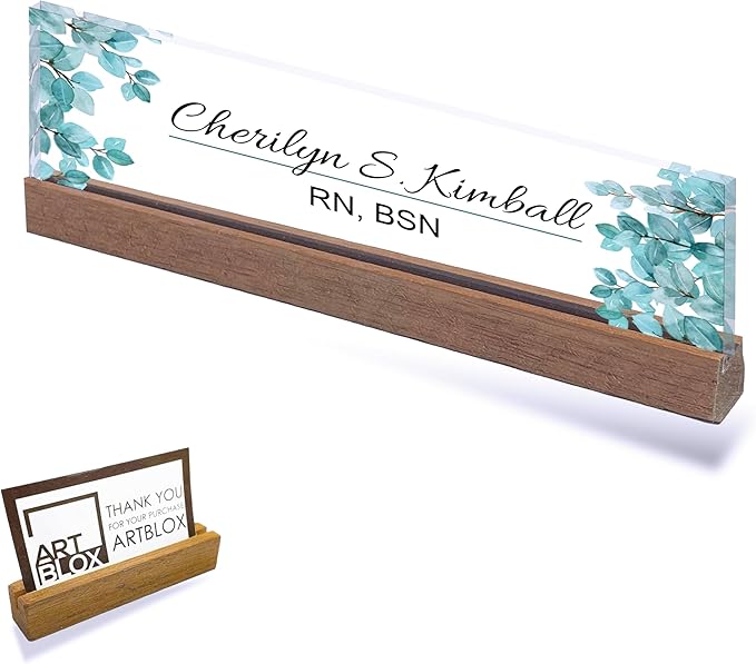 ARTBLOX | Office Personalized Name Plate Leaf V4 Design On Clear Acrylic Glass for Desk with Business Card Holder