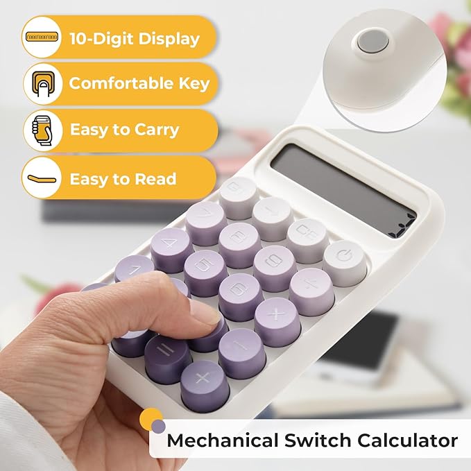 Y YOMA 1 Pack Mechanical Switch Calculator with 10 Digit Large LCD Display Big Button, Mini Cute Desktop Calculator 4 Function Basic Calculators for School Home Office Business, Cute Pink