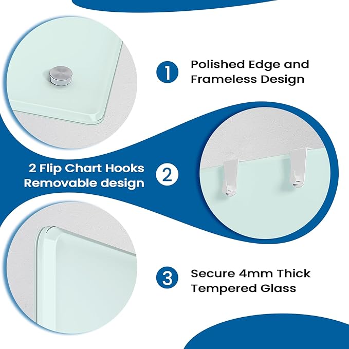Large Glass Whiteboard, Enhanced Magnetism Glass Dry Erase Board for Wall, 48" x 36" Magnetic Tempered Glass Board, 4' x 3' Big White Board for Home, Office, School