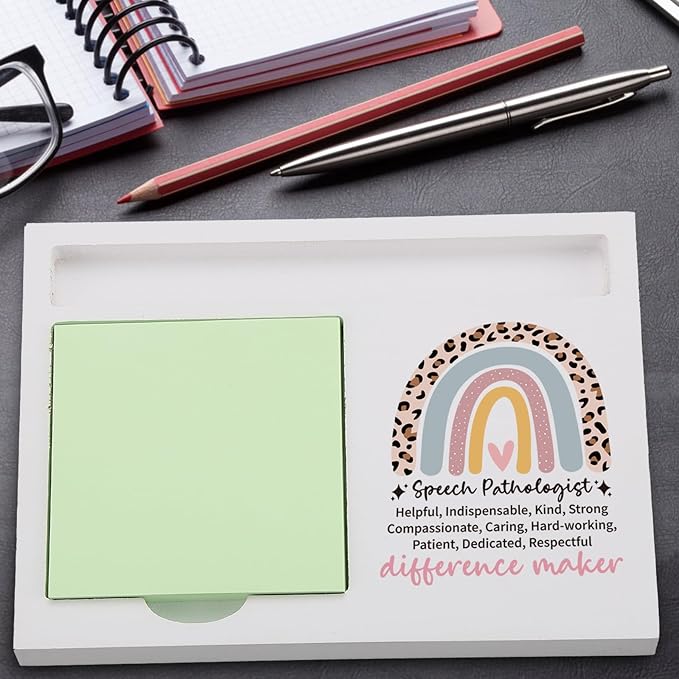 Speech Pathologist Sticky Note Holder for Desk, Appreciation Gift from Coworker Teacher Client, Rainbow Office Organizer for Women Men, Thank You Desk Decor for SLP Professionals TZP144