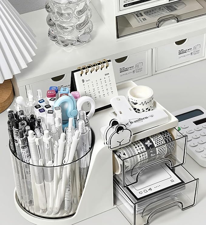 Rotating Desk Organizer, Large Capacity Cosmetic Display Case with Drawer, 360-Degree Rotating Pen Holder, Art Supply Storage Box Caddy for Office and Home