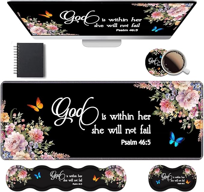 Ergonomic Keyboard Wrist Rest & Mouse Pad Wrist Rest Set, Large XXL Gaming Desk Mat 31.5"x 11.8" with Memory Foam, Easy Typing Pain Relief for Office & Home, Floral Quote Bible Verse Psalm 46:5