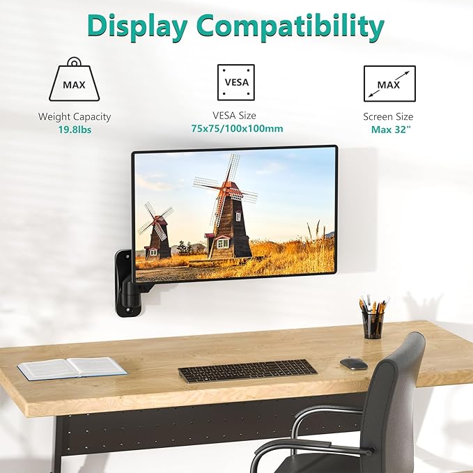 WALI Monitor Wall Mount 27+ inch, Wall Mount Monitor Arm Fits 1 Screen up to 32 inch, Single Monitors Mount Holds up to 19.8lbs, Gas Spring Monitors Arm Max Extension 13.4 inch,(GSWM001S), Black