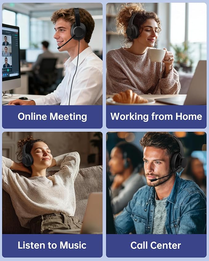 AOC USB Headset with Microphone for PC, Over-Ear Wired Headphones with Mic, Noise-Cancelling Boom, 40mm Audio Drivers, USB-A/C Compatibility for Office, Call Centers & Online Meetings (Black)