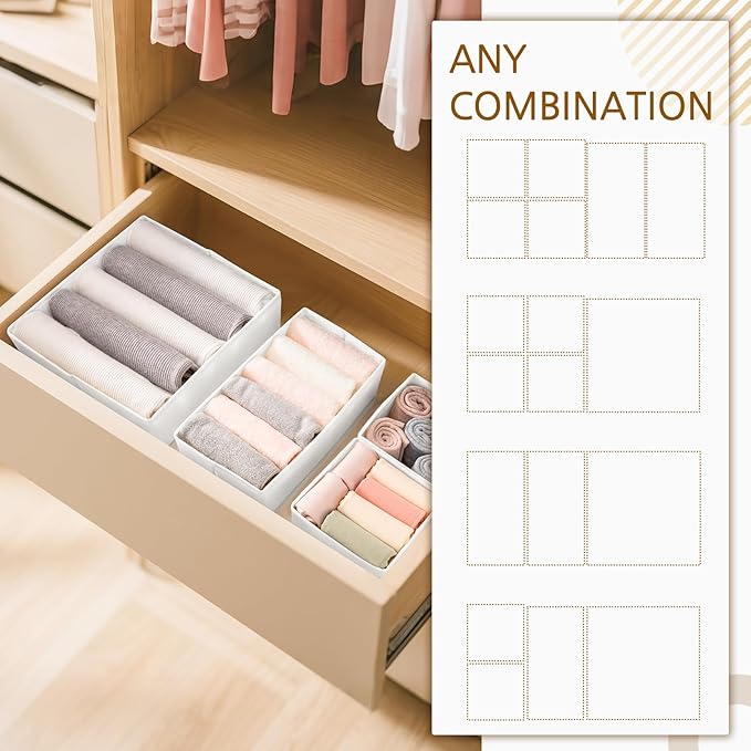 Criusia 15 Pack Drawer Organizer for Clothes, Foldable Dresser Dividers with 3 Sizes, Fabric Storage Bins – White