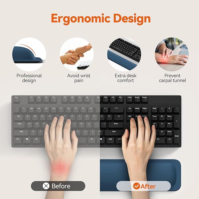 TECKNET Wrist Rest for Computer Keyboard, Thicken Memory Foam Wrist Support Pad for Keyboard, Ergonomic Palm Rest for Pain Relief, Anti-Slip Rubber Base, 17x3.3 in, 1 inch (25mm), Blue