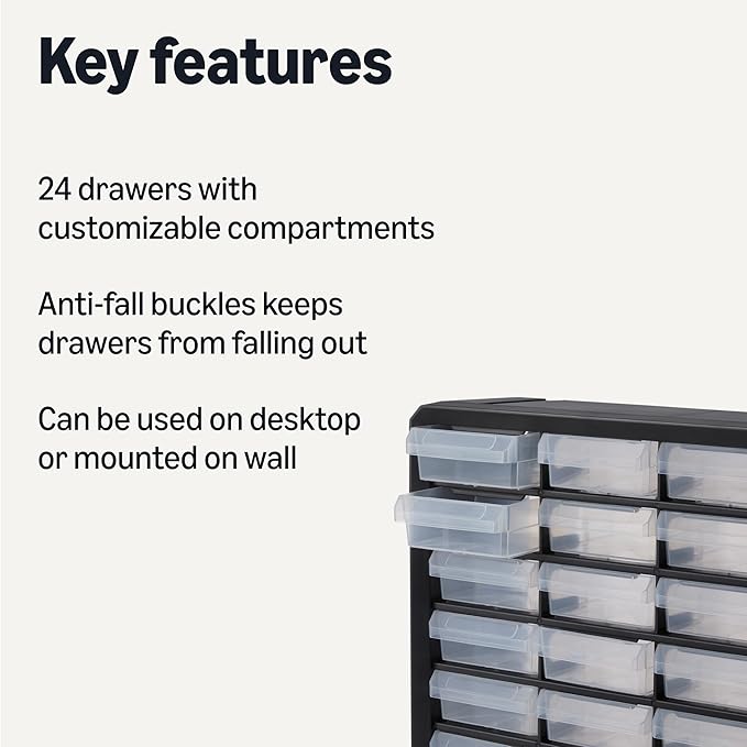 Amazon Basics Storage Cabinet, 24-Drawer Plastic Organizer with Dividers for Office/Craft/Tools, Wall Mountable, 6.3 x 21.3 x 15.8 inch, Black