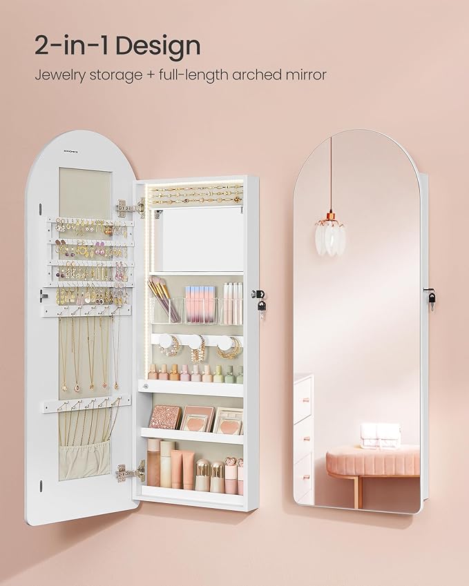 SONGMICS Wide Jewelry Organizer, LED Jewelry Cabinet Wall/Door Mounted, Arched Mirror with Storage, Lockable, Rounded Corner, Interior Mirror, 3.9 x 16.5 x 42.5 Inches, Cloud White UJJC020W01