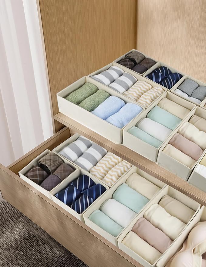 Drawer Organizer Clothes, Foldable Fabric Dresser Organizer Closet Organizers and Storage Box for Underwear,Folded Clothes,Baby Clothing,Socks,Bra,Towels,Ties(6M+6S,Beige)