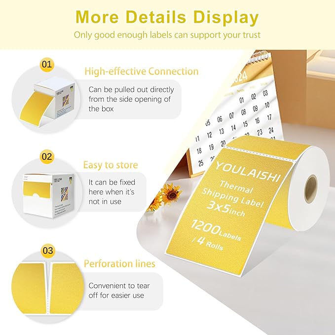 YOULAISHI 3 X 5 Inch Printable Waterproof Rectangle Color Coding Labels, 300 Per Roll Adhesive Color Coding Stickers for Bar-Codes, Address, Small Business Labeling, Gold