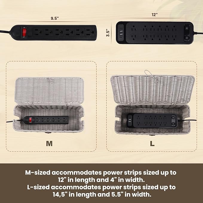 BROWNLILY Cable Management Box, Rattan Style Cord Organizer for Desk Cord Hider Outlet Covers Baby Proofing for Power Strip TV PC Router Charger Under Desk Storage with Lockable Lid and Cable Ties