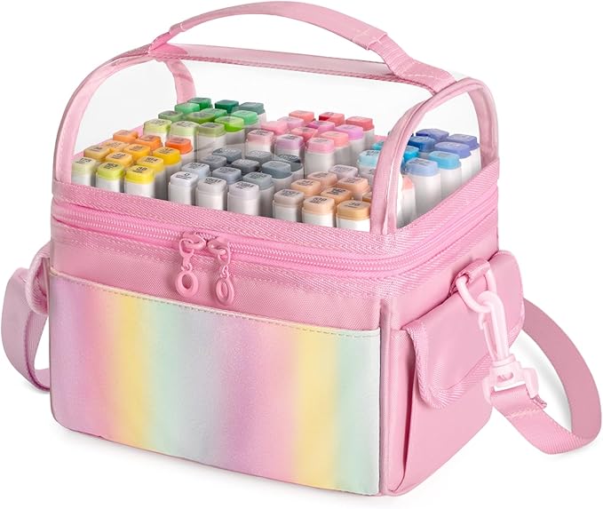 Marker Organizer Case for up to 72 Markers, Marker Storage Bag with Detachable Divider and 3 Extra Pockets, PVC Top Easy Find Your Need, Handle and Shoulder Strap, Pink (Case Only)