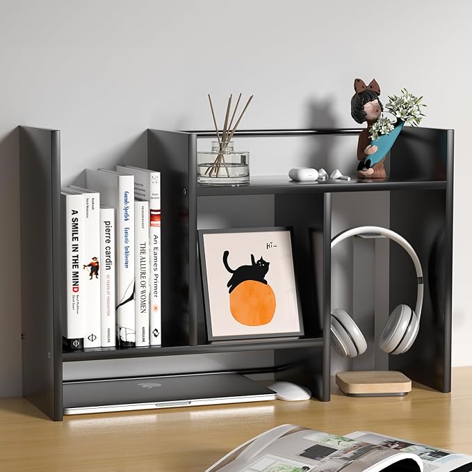 Desktop Organizer Shelf, Adjustable Wooden Double-Tier H-Shape Mini Bookcase, Multi-Use Office Storage Rack for Desk Top/Corner, Table Top Shelving & Office Organization Accessories (Black)