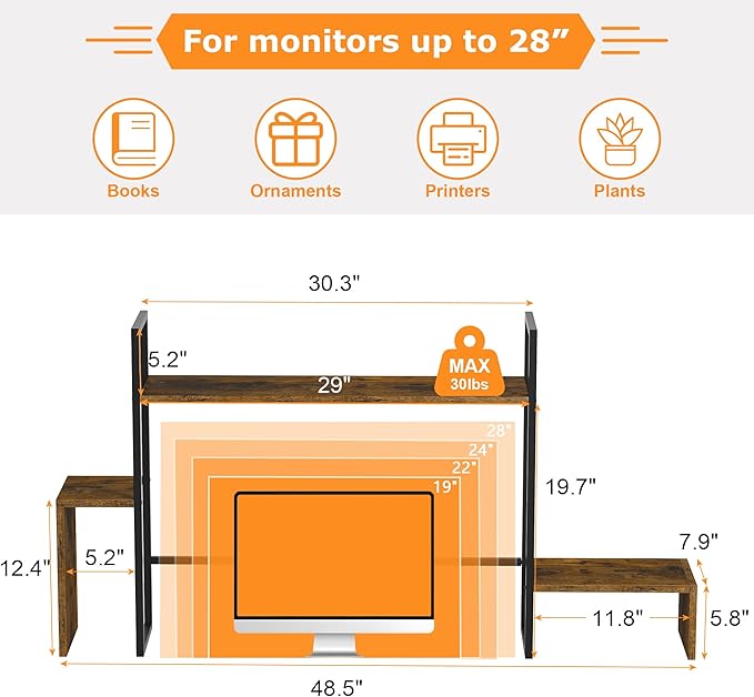 WelFurGeer LED Desk Shelf Organizer with RGB Light Strip, 2-Tier Desktop Shelf for Computer Monitor, Sturdy Metal Frame & Wood Shelves - Desk Hutch Bookshelf for Home Office, Dorm, Gaming (Brown)