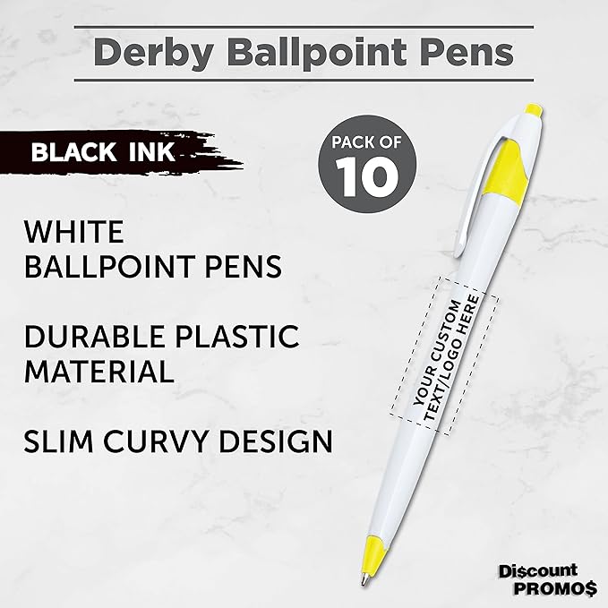 DISCOUNT PROMOS Custom Slim Curvy Ballpoint Pens Set of 10, Personalized Bulk Pack - Black Ink, Retractable, Great for Office, School, Tradeshows - Yellow