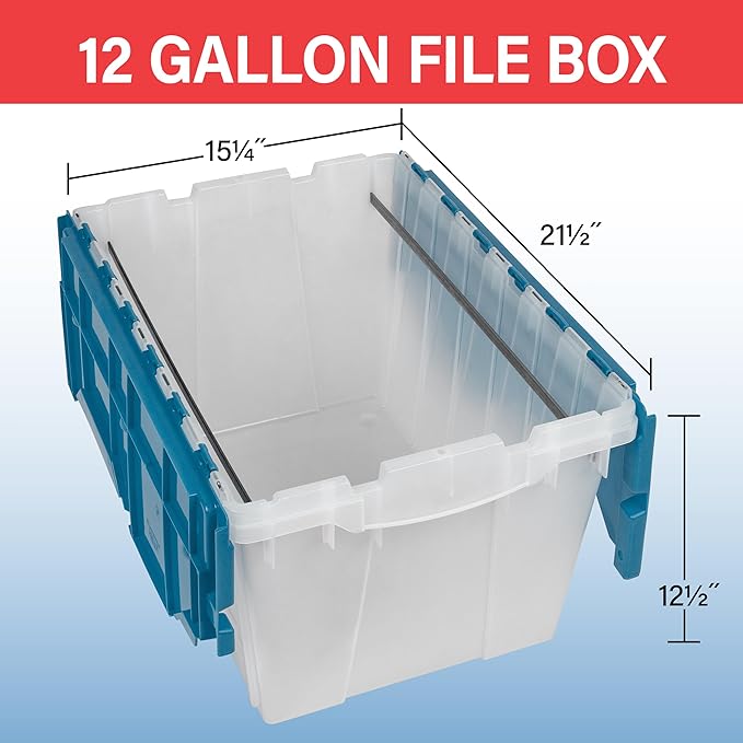 Akro-Mils KeepBox 12 Gallon Storage Container, Nesting and Stackable Plastic Storage Box with Lid Attached and Rails for Letter Size Hanging File Folders, 21" x 15" x 12", Clear/Blue