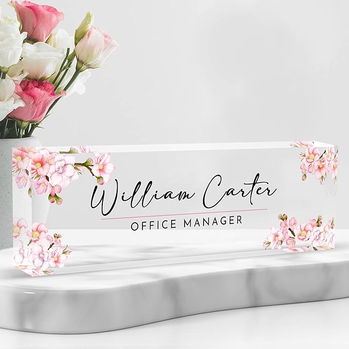 Personalized Name Plate for Desk Custom Acrylic Desk Name Plate Custom Employee Appreciation Gifts Office Gifts for Women, Men, Boss, Coworkers, Teacher, Nurse (Sakura A)