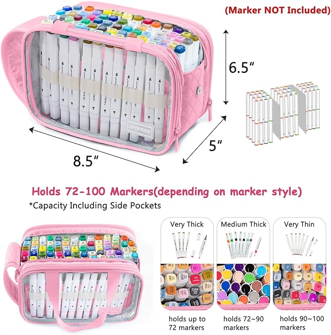 Marker Organizer Case – Holds 72-96Markers | Portable Art Marker Storage Bag with Clear View Panels & Removable Dividers | Marker Holder for Alcohol Markers, Pens, Craft Supplies(Case Only)