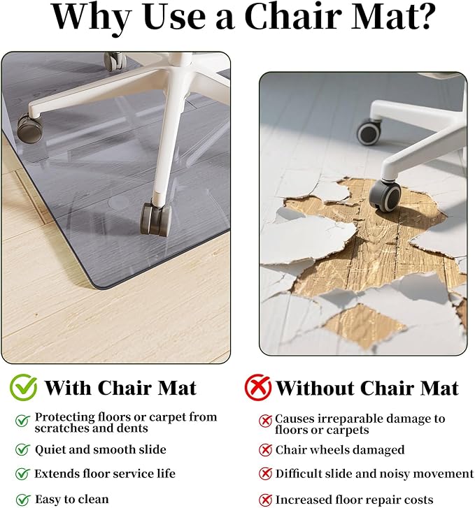 FlyEcho Glass Chair Mat 36" x 55" Heavy Duty Tempered Glass Office Chair Mat, Glass Floor Mat with Round Corner and Polished Edge for Smooth Glide, Carpet Hardwood Floor Protector,Grey