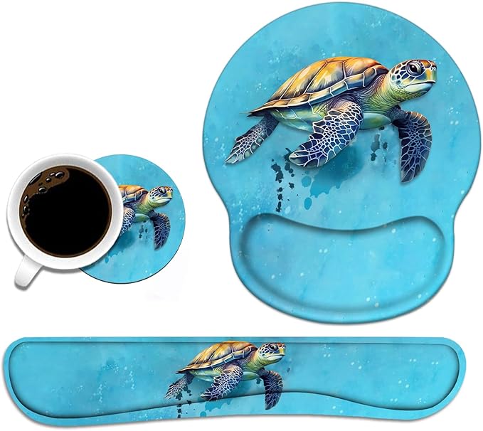Keyboard Wrist Rest and Mouse Pad Wrist Support Set with Coasters, Non-Slip PU Base Ergonomic Gaming Mousepad for Home Office Working Studying Easy Typing & Pain Relief - Sea Turtle