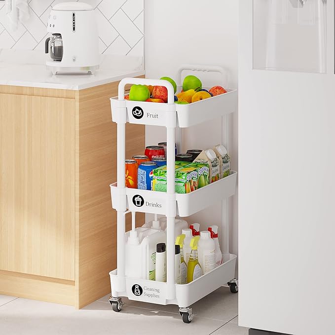 Laiensia 3-Tier Rolling Cart with Wheels,Multifunction Utility Storage Carts, Kitchen Storage Organizer,Mobile Shelving Unit for Bathroom,Laundry,with Classified Stickers,White