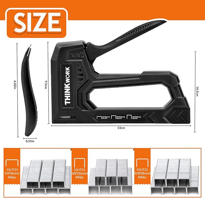 THINKWORK Light Duty Staple Gun - Black Upholstery Staple Gun for Wood with 1600pcs JT21 Staples 1/4", 5/16", 3/8" and Staple Remover, Fabric Stapler Gun for Crafts, Home Use, Wall, DIY, Lights Decora