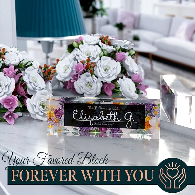 Desk Name Plate Personalized, Custom Name Plates 2½/x8 Inches, Thick Crystal-Clear Acrylic, Gift Box, Office Desk Decor. USA Made by ACRYLUXE (Vaseful)