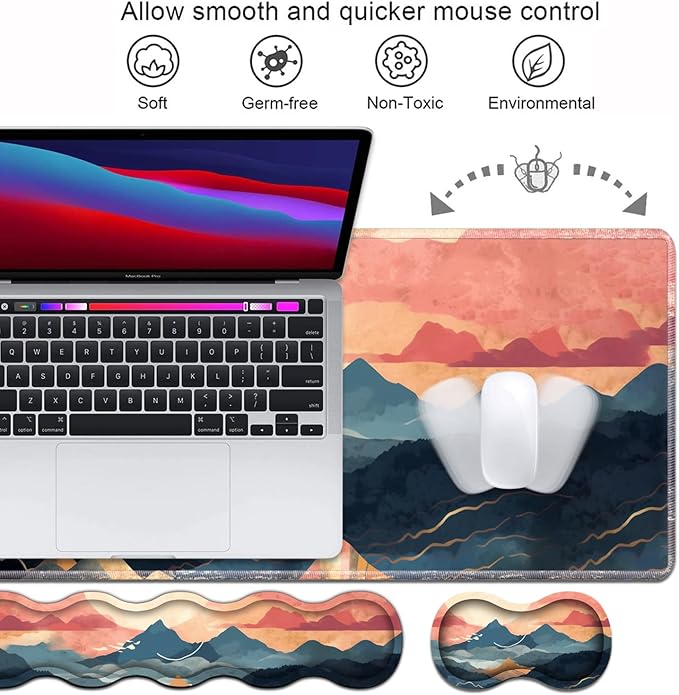 Ergonomic Keyboard Wrist Rest and Mouse Pad Wrist Rest Set, Large XXL Gaming Mousepad 31.5"x 11.8", Memory Foam, Easy Typing Pain Relief, Multifunctional Desk Mat for Office & Home, Mountain Sunrise