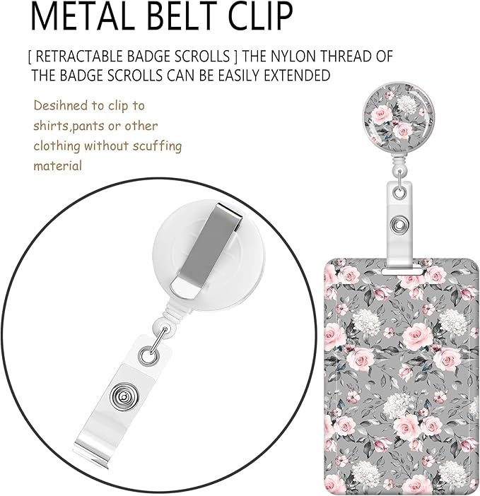 BLOCIT ID Badge Holder with Lanyard and Retractable Badge Reel Clip, Cute Card Name Tag Lanyard Vertical ID Protector Bage Clips for Nurse Doctor Teacher Student（Gray Pink Roses Flower）