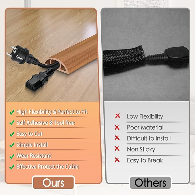 Floor Cord Cover for Wires on Floor Self Adhesive Cord Hider Floor Cable Management Wire Covers for Cords Protector Prevent Cable Trips Cord Cavity W 0.59" x H 0.31", Brown Wood, 20Ft