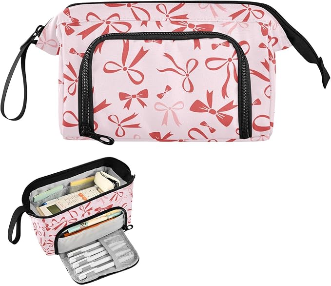 Bow Pink Pencil Case Pouch Big Capacity Pencil Bag Box Organizer Pen Case with Handle Stationery Organizer for Kids Boys Girls Women College Office