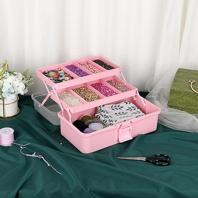 BTSKY 3-Layer Plastic Dividing Storage Box Craft Organizer and Storage with Adjustable Spacers Portable Handled Art Supply Organizer Multipurpose Home Utility Box Organizer (Pink)