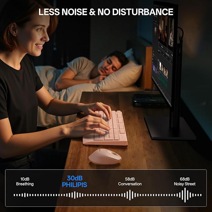 PHILIPS Wireless Keyboard and Mouse Combo-Ergonomic Keyboard and Mouse Wireless Combo with Silent Design,Plug n' Play,Sleep Mode and 2.4GHz Keyboard for Mac, Windows, Laptop-Pink