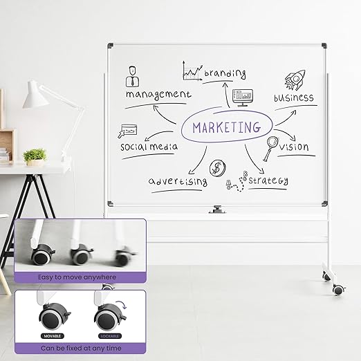 VUSIGN Rolling Dry Erase Board, 48 x 36 Inches Double-Side White Board on Wheels, Height Adjust Mobile White Boards, Large Portable Whiteboard with Stand for Office, Classroom & Home
